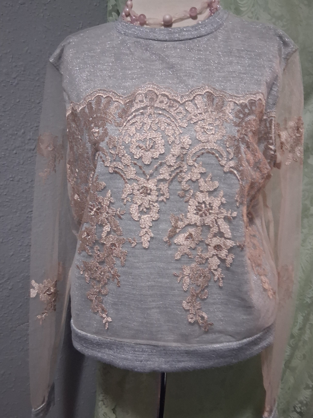 H&M Light Gray Sweatshirt with Rose Gold Lace Appliqué